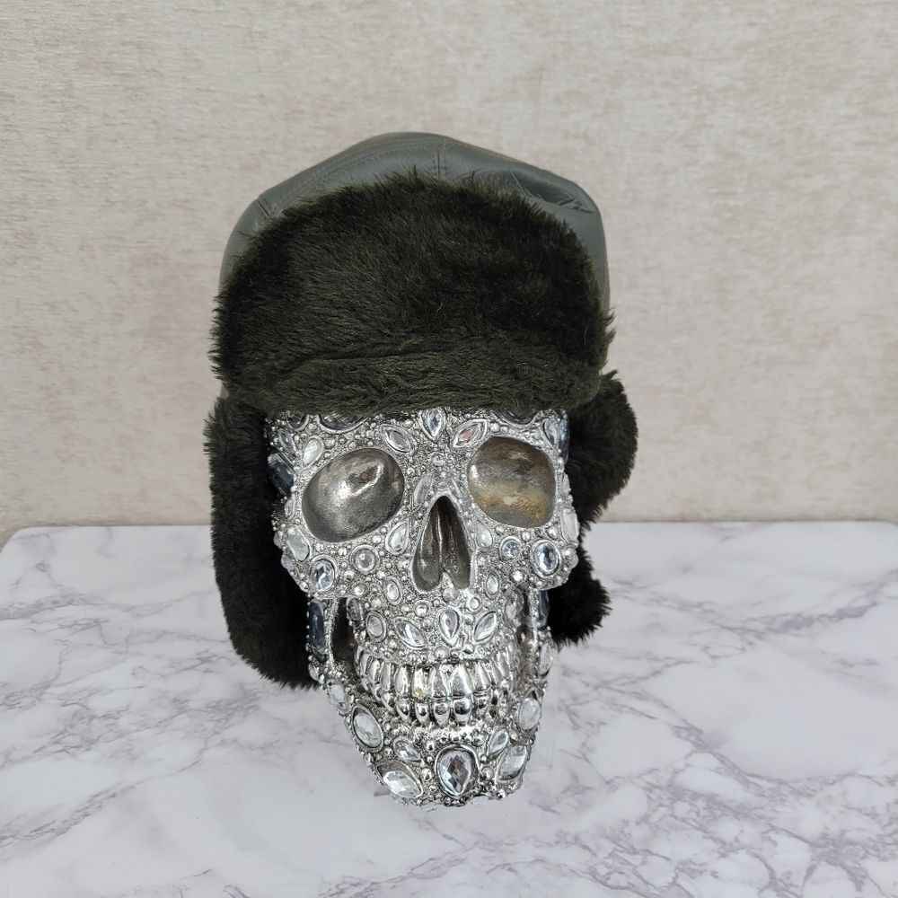 Military Vintage Green Leather Trapper Aviator Style Hat Faux Fur Lining